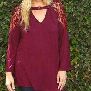 Plus Size Burgundy Wine Choker Neck Tunic Top